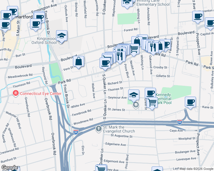map of restaurants, bars, coffee shops, grocery stores, and more near 147 Richard Street in West Hartford