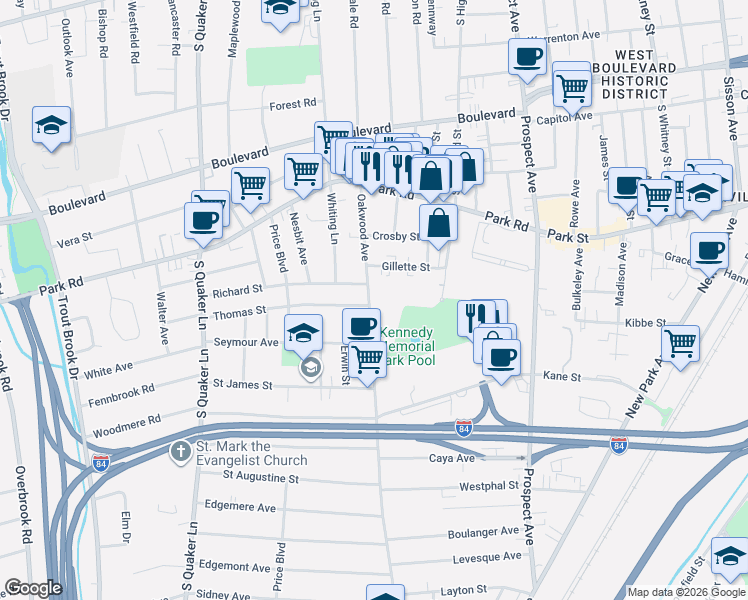 map of restaurants, bars, coffee shops, grocery stores, and more near 100 Oakwood Avenue in West Hartford