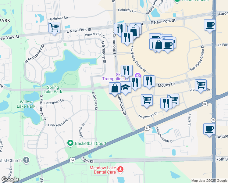 map of restaurants, bars, coffee shops, grocery stores, and more near 1 South Commons Drive in Aurora