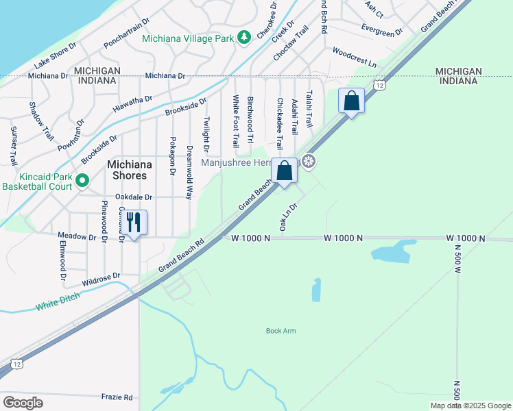 map of restaurants, bars, coffee shops, grocery stores, and more near 14400-14498 Grand Beach Road in Michigan City
