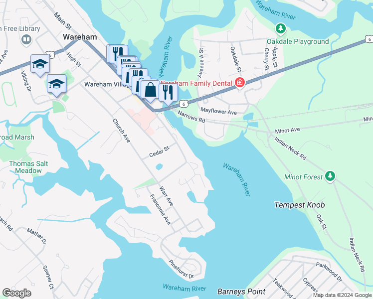 map of restaurants, bars, coffee shops, grocery stores, and more near 53 Main Street in Wareham