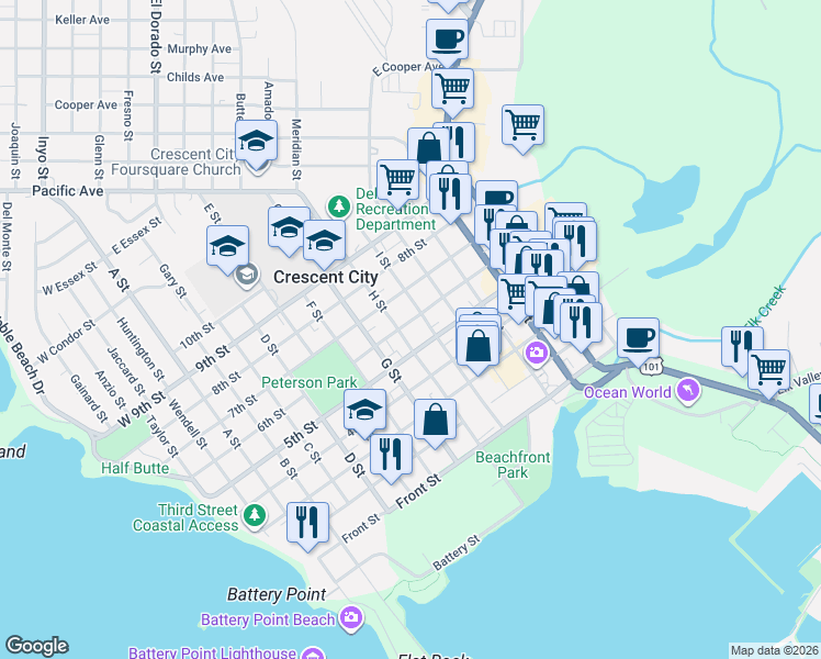map of restaurants, bars, coffee shops, grocery stores, and more near 577 H Street in Crescent City
