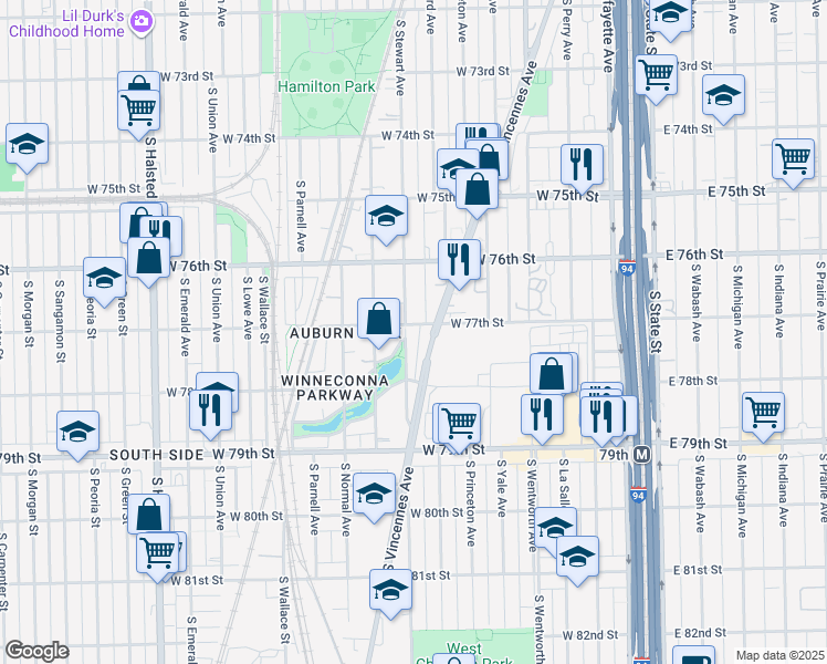 map of restaurants, bars, coffee shops, grocery stores, and more near 7701 South Stewart Avenue in Chicago