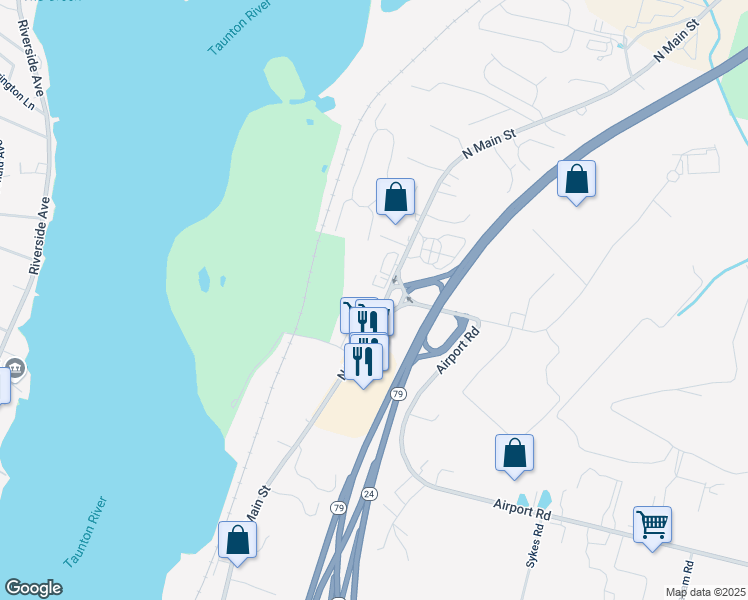 map of restaurants, bars, coffee shops, grocery stores, and more near 4380 North Main Street in Fall River