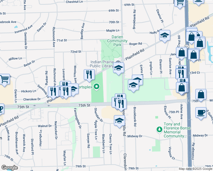 map of restaurants, bars, coffee shops, grocery stores, and more near 7470 Tennessee Drive in Darien
