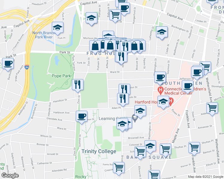 map of restaurants, bars, coffee shops, grocery stores, and more near 155 Madison Street in Hartford