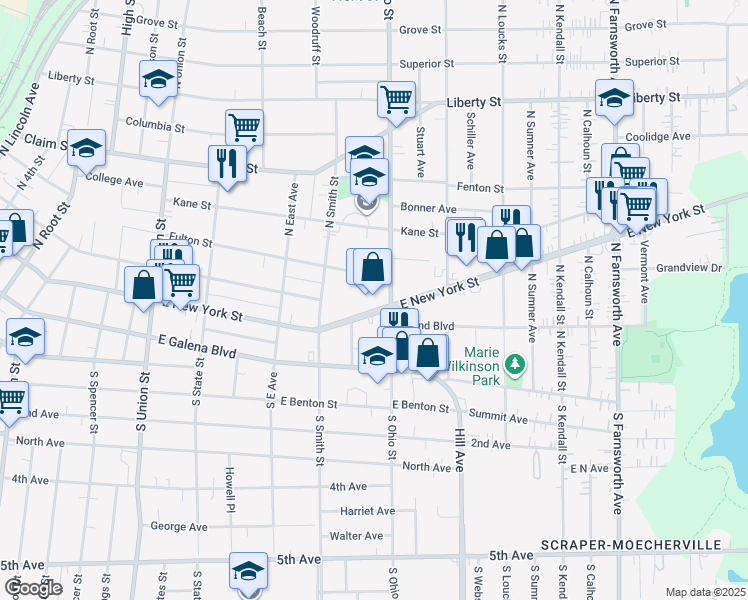 map of restaurants, bars, coffee shops, grocery stores, and more near in Aurora