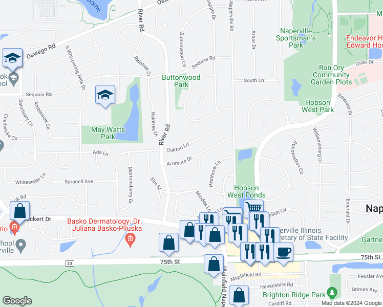 map of restaurants, bars, coffee shops, grocery stores, and more near 1221 Ardmore Drive in Naperville