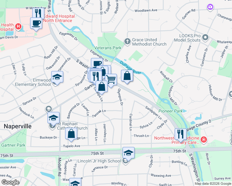 map of restaurants, bars, coffee shops, grocery stores, and more near 19 Olympus Drive in Naperville