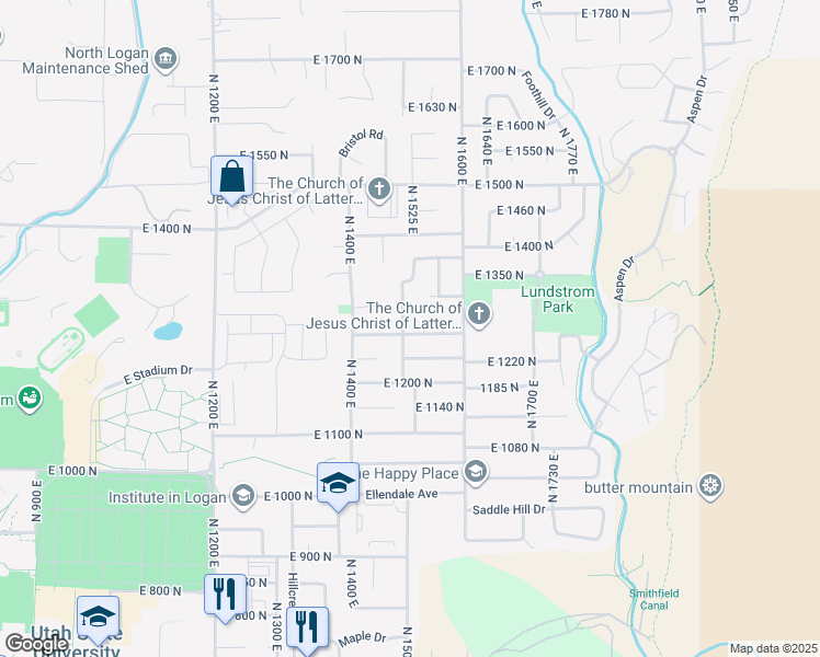 map of restaurants, bars, coffee shops, grocery stores, and more near 1513 East 1260 North in Logan