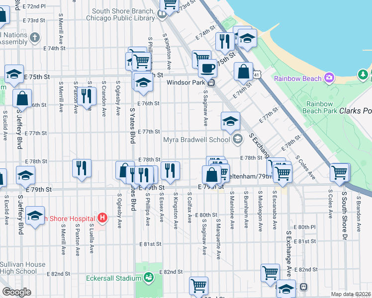 map of restaurants, bars, coffee shops, grocery stores, and more near 7736 South Colfax Avenue in Chicago