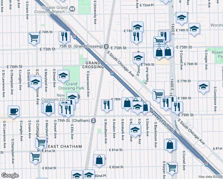 map of restaurants, bars, coffee shops, grocery stores, and more near 7724 South Avalon Avenue in Chicago