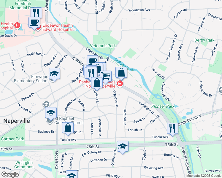 map of restaurants, bars, coffee shops, grocery stores, and more near 19 Olympus Drive in Naperville