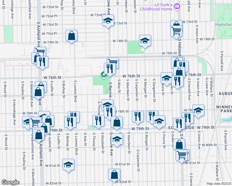map of restaurants, bars, coffee shops, grocery stores, and more near 1140 West 77th Street in Chicago