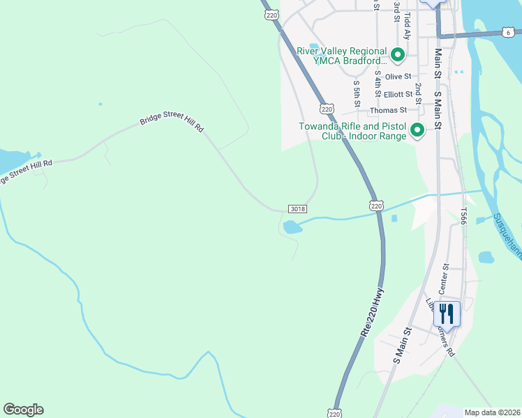 map of restaurants, bars, coffee shops, grocery stores, and more near 2892 Bridge Street Hill Road in Towanda