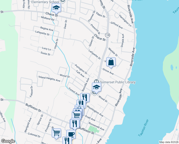 map of restaurants, bars, coffee shops, grocery stores, and more near 34 Purington Street in Somerset