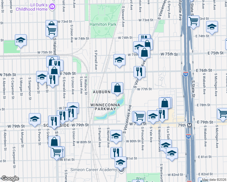 map of restaurants, bars, coffee shops, grocery stores, and more near 7712 South Eggleston Avenue in Chicago