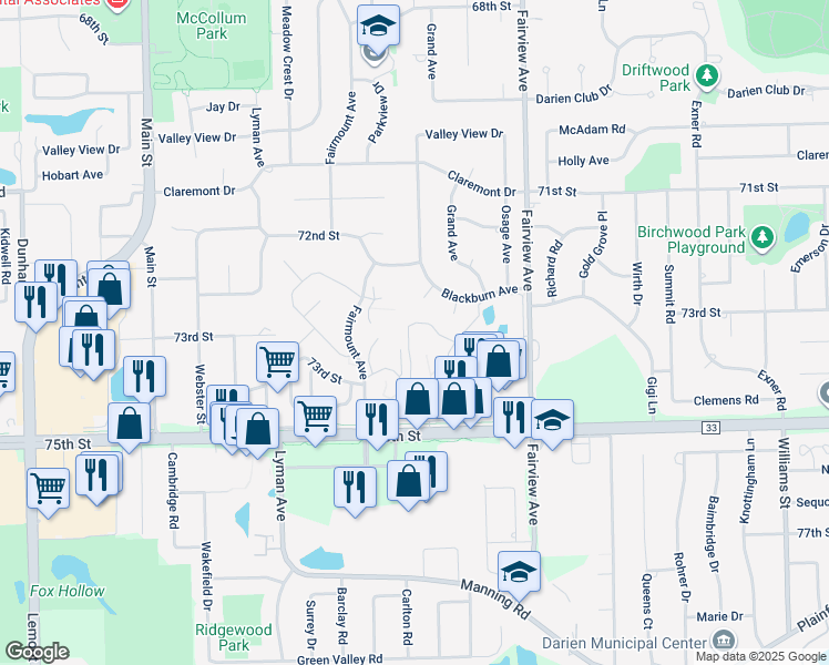 map of restaurants, bars, coffee shops, grocery stores, and more near 7323 Blackburn Avenue in Downers Grove
