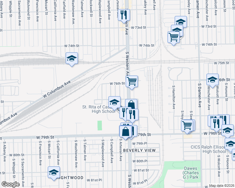 map of restaurants, bars, coffee shops, grocery stores, and more near 7636 South Artesian Avenue in Chicago