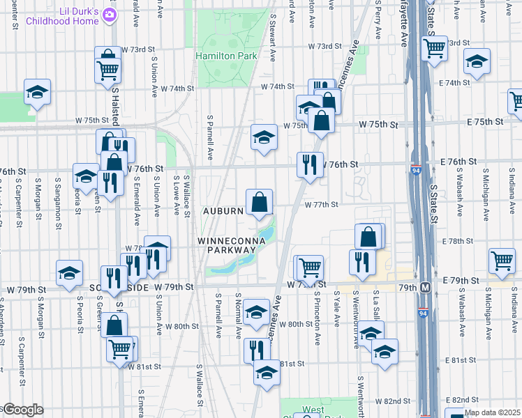 map of restaurants, bars, coffee shops, grocery stores, and more near 7712 South Eggleston Avenue in Chicago