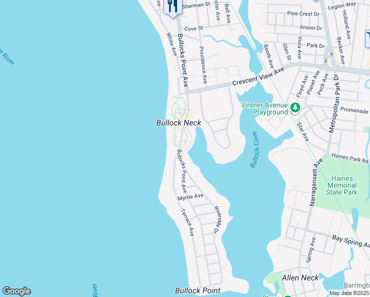 map of restaurants, bars, coffee shops, grocery stores, and more near 882 Bullocks Point Avenue in East Providence
