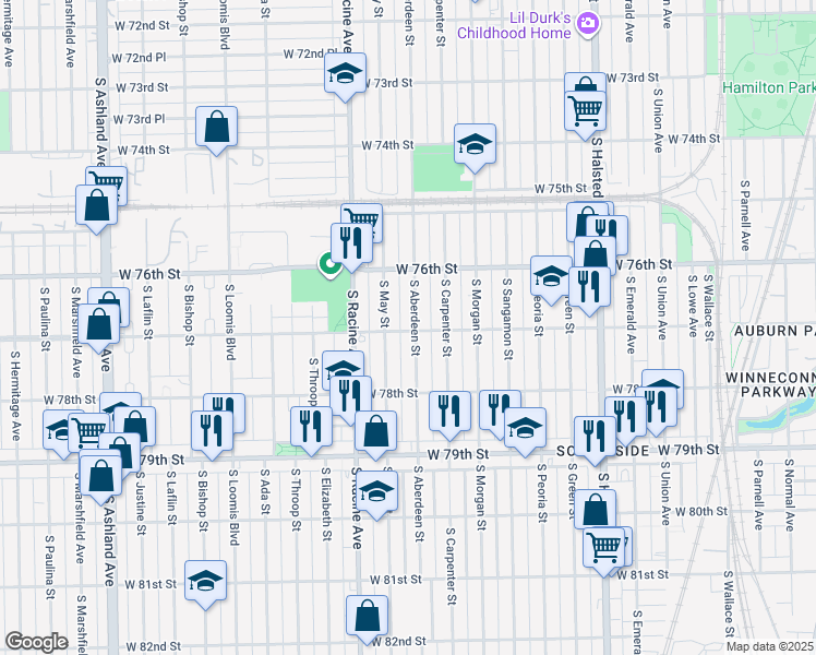 map of restaurants, bars, coffee shops, grocery stores, and more near 7703 South Aberdeen Street in Chicago