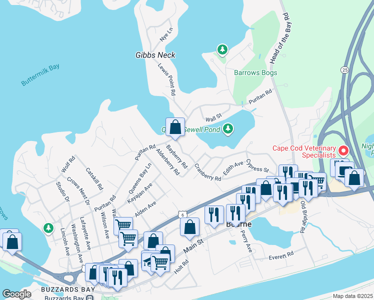 map of restaurants, bars, coffee shops, grocery stores, and more near 13 Cranberry Road in Bourne