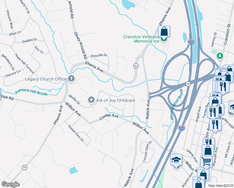 map of restaurants, bars, coffee shops, grocery stores, and more near 128 Hines Farm Road in Cranston
