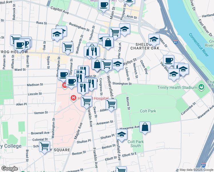 map of restaurants, bars, coffee shops, grocery stores, and more near 65 Wethersfield Avenue in Hartford
