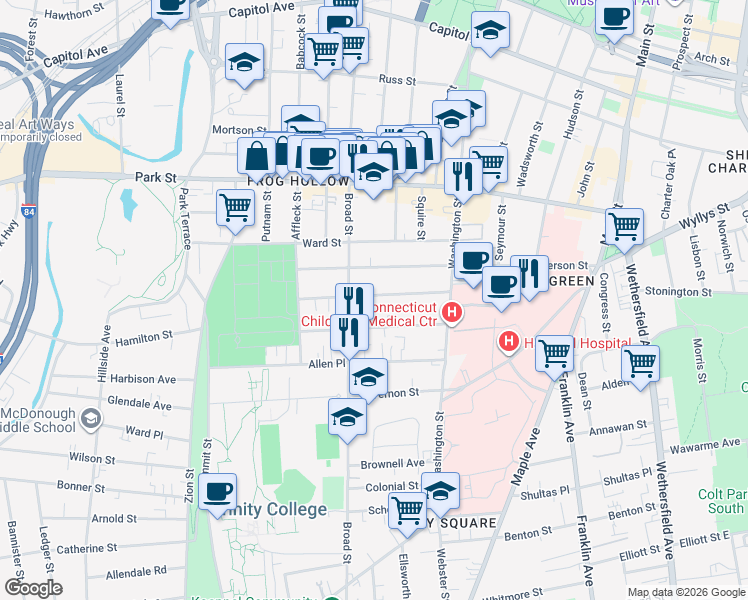 map of restaurants, bars, coffee shops, grocery stores, and more near 59 Madison Street in Hartford