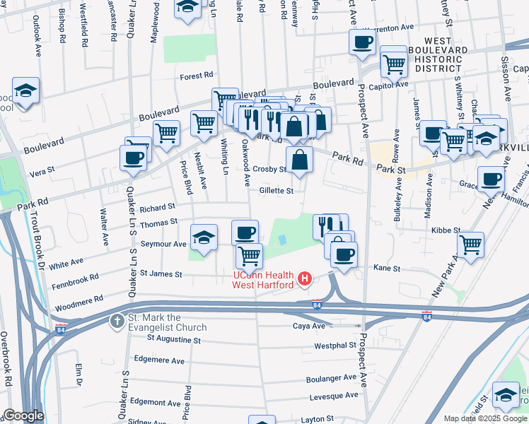 map of restaurants, bars, coffee shops, grocery stores, and more near 100 Oakwood Avenue in West Hartford