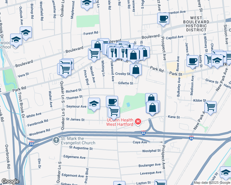 map of restaurants, bars, coffee shops, grocery stores, and more near 100 Oakwood Avenue in West Hartford