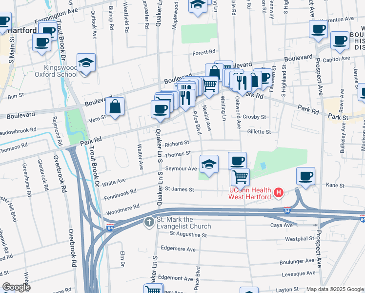 map of restaurants, bars, coffee shops, grocery stores, and more near 118 Thomas Street in West Hartford