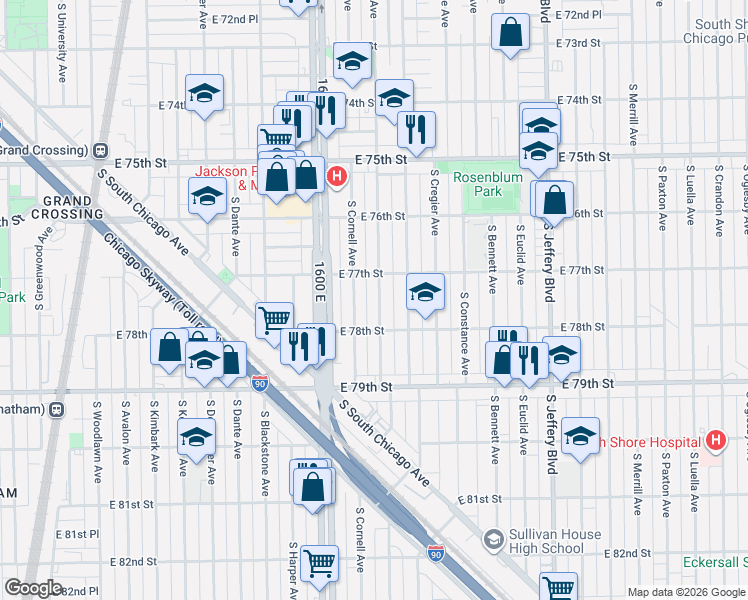 map of restaurants, bars, coffee shops, grocery stores, and more near 7738 South East End Avenue in Chicago