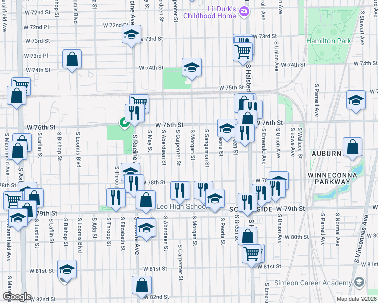 map of restaurants, bars, coffee shops, grocery stores, and more near 1005 West 77th Street in Chicago