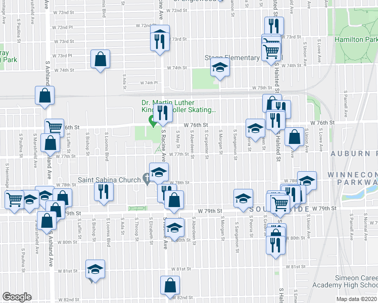map of restaurants, bars, coffee shops, grocery stores, and more near 7703 South Aberdeen Street in Chicago