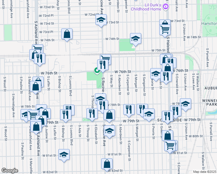 map of restaurants, bars, coffee shops, grocery stores, and more near 7701 South May Street in Chicago