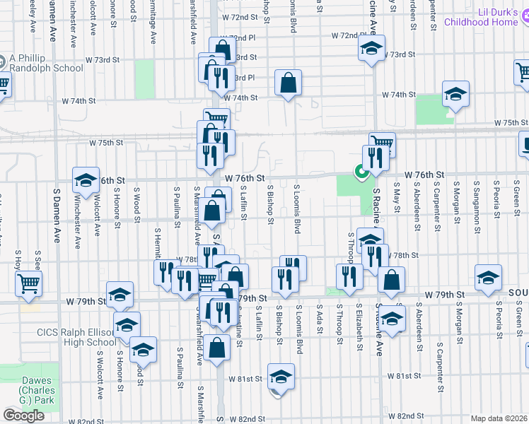 map of restaurants, bars, coffee shops, grocery stores, and more near 7701 South Bishop Street in Chicago