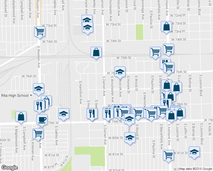 map of restaurants, bars, coffee shops, grocery stores, and more near 7658 South Damen Avenue in Chicago