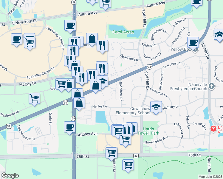 map of restaurants, bars, coffee shops, grocery stores, and more near 2711 Rosedale Avenue in Naperville