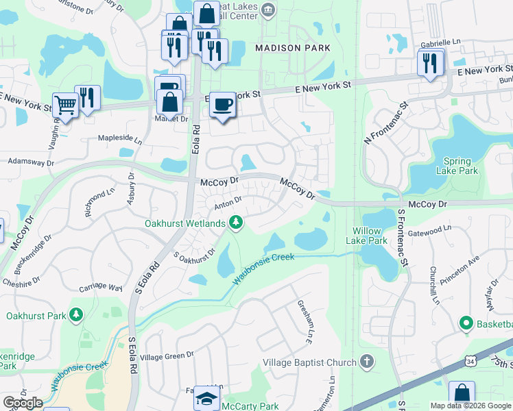 map of restaurants, bars, coffee shops, grocery stores, and more near 1 South Oakhurst Drive in Aurora