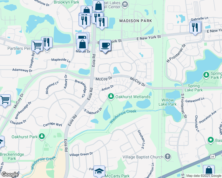 map of restaurants, bars, coffee shops, grocery stores, and more near 31 South Oakhurst Drive in Aurora