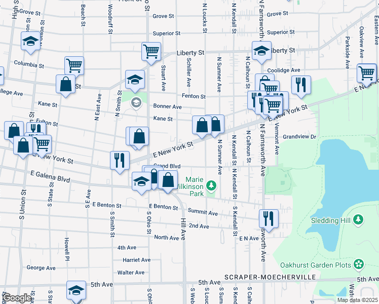 map of restaurants, bars, coffee shops, grocery stores, and more near 112 North Loucks Street in Aurora