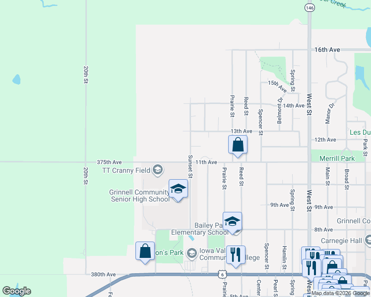 map of restaurants, bars, coffee shops, grocery stores, and more near 1615 Sunset Street in Grinnell