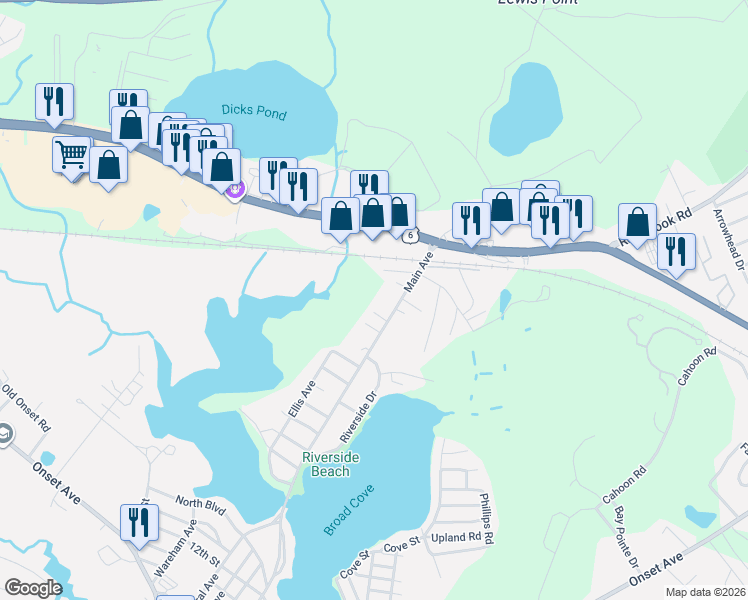 map of restaurants, bars, coffee shops, grocery stores, and more near 5 24th Street in Wareham