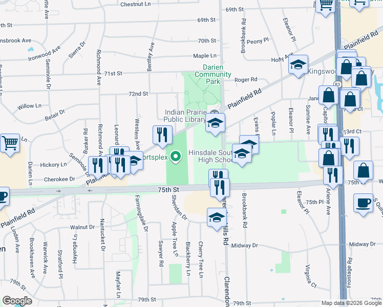 map of restaurants, bars, coffee shops, grocery stores, and more near 7470 Tennessee Drive in Darien