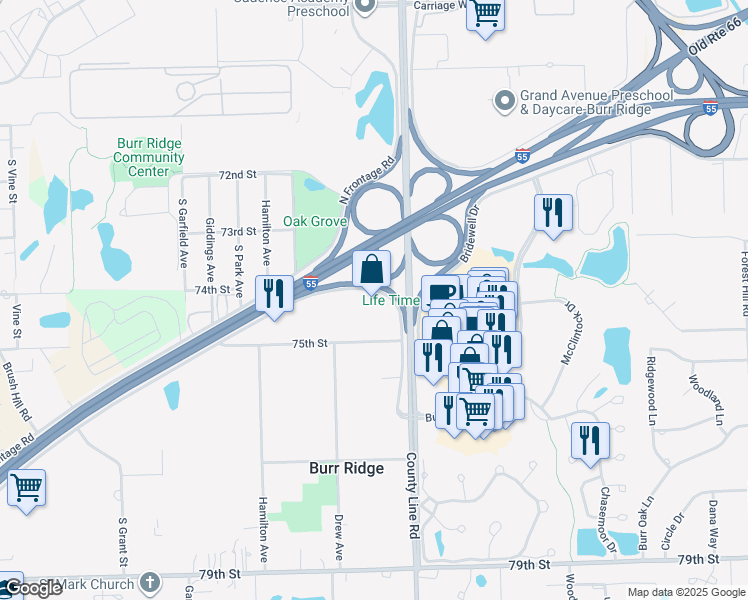 map of restaurants, bars, coffee shops, grocery stores, and more near 7416 County Line Road in Burr Ridge