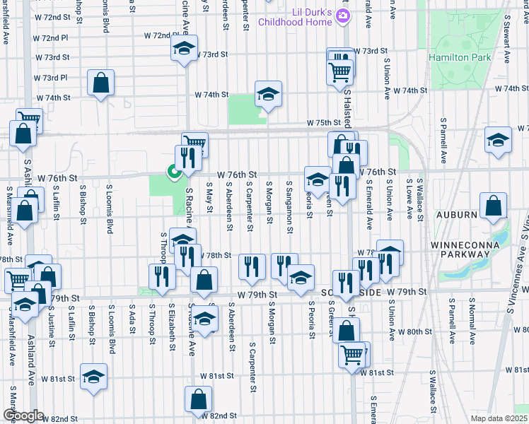 map of restaurants, bars, coffee shops, grocery stores, and more near 7656 South Morgan Street in Chicago