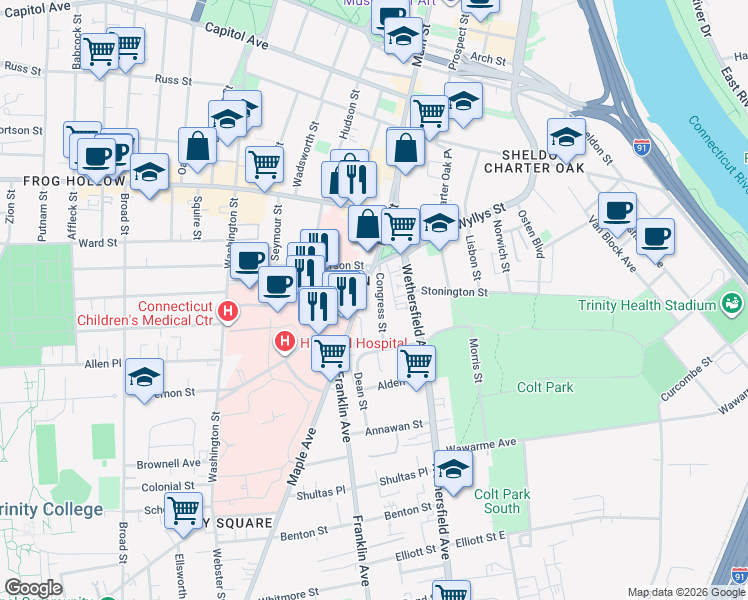 map of restaurants, bars, coffee shops, grocery stores, and more near 27 Congress Street in Hartford