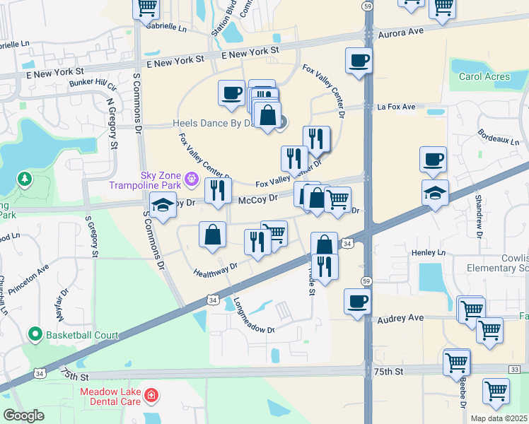 map of restaurants, bars, coffee shops, grocery stores, and more near 4240 Westbrook Drive in Aurora